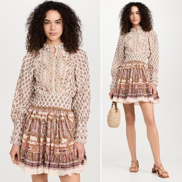 byTiMo Cotton Slub Mini Dress Eyelet Ruffle Button Front Long Sleeve Paisley XS - Picture 1 of 16